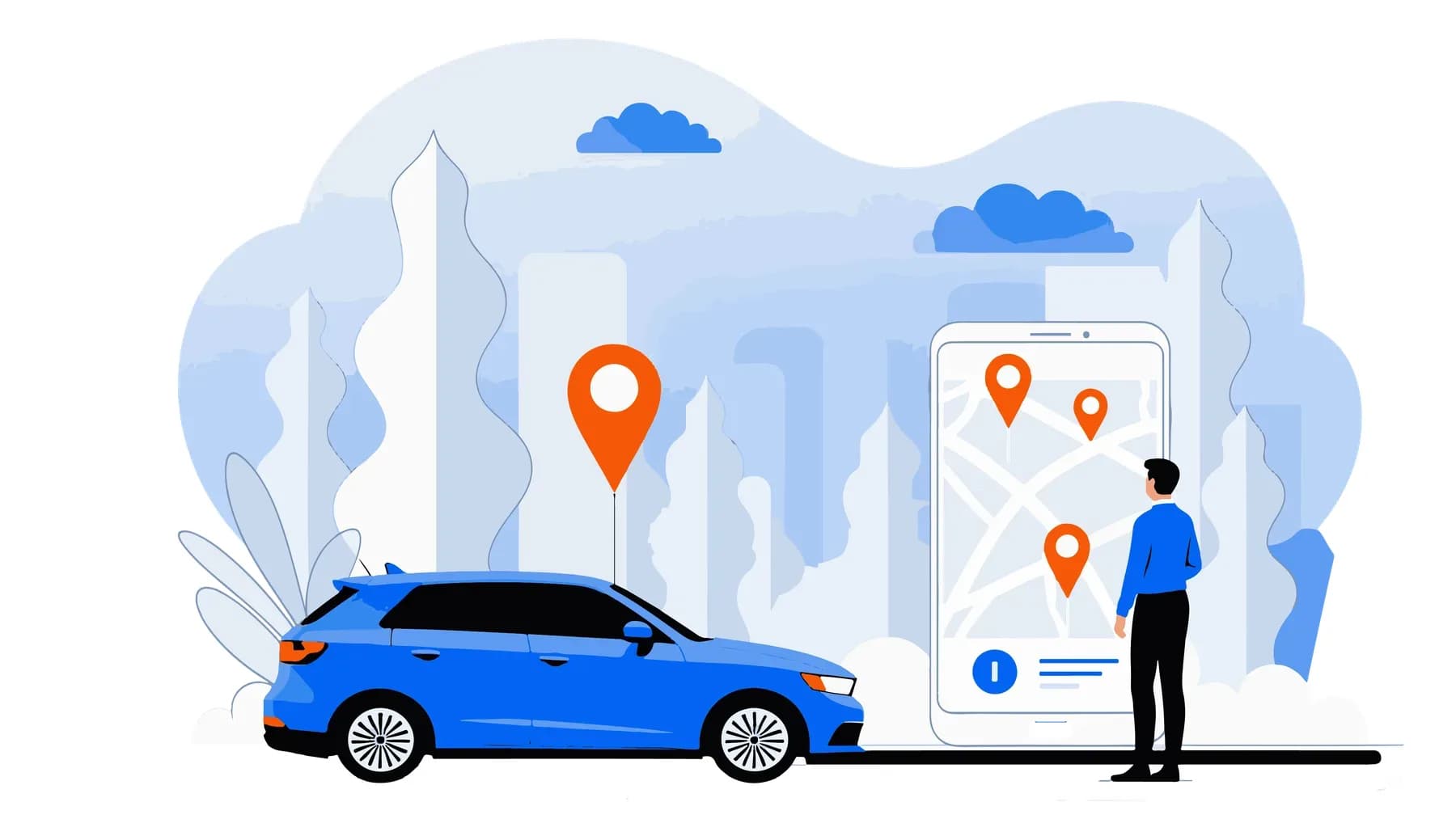 Car tracked in real time on a mobile GPS map against the Dubai skyline