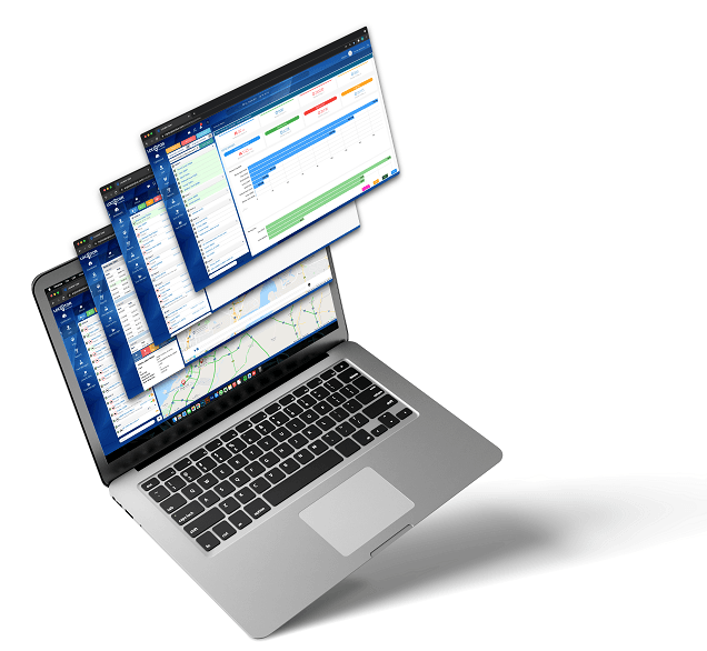 LOCATOR fleet dashboard, live map, and report screens fanned out of a laptop