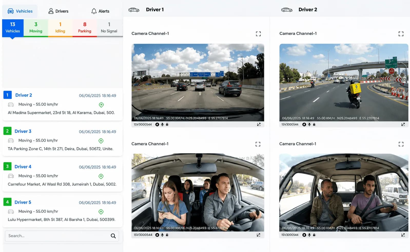 Live multi-camera fleet dashcam feeds — road and cabin views